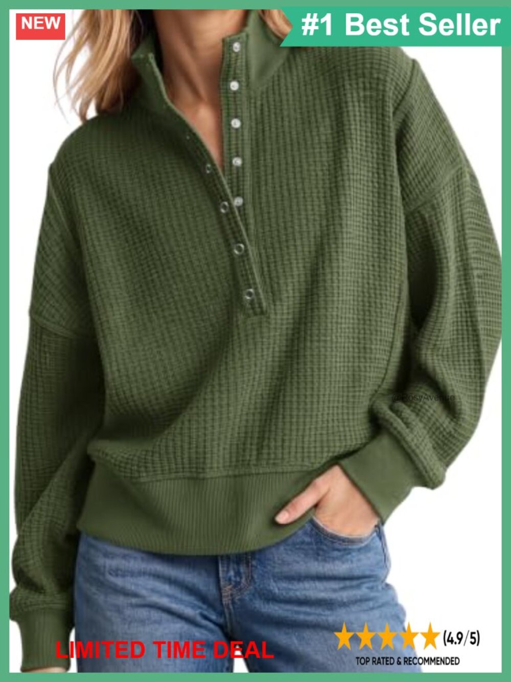 Waffle Knit Oversized Henley Sweatshirt Snap Button Pullover Top